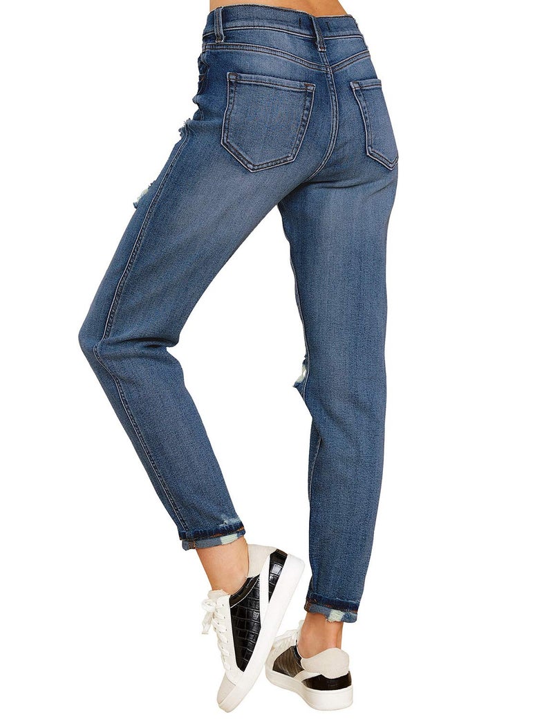 luvamia Women's Casual High Waist Ripped Boyfriend Jeans Washed Distressed Denim Jean Pants Timeless Blue Size Large - Image 2